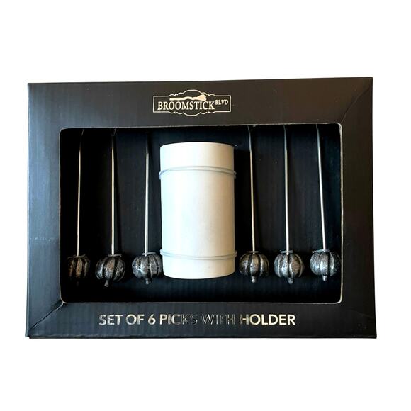 6pc Fall PUMPKIN Metal Cocktail Picks & White Marble Holder Holiday Hosting NEW - Picture 1 of 9